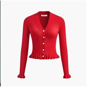 Commense Red Knit Button Up Cardigan Ruffle Whimsgoth Fairy Party Ribbed Size M